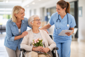Senior lady on wheelchair holding flowers being discharged from hospital. She is assisted by her daughter and a Nurse. Going to a Retirement Home after a hospital stay.