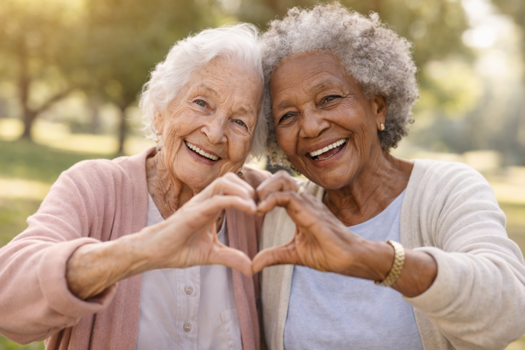 Two senior ladies making a heart shape with their hands and smiling because they live in a retirement home