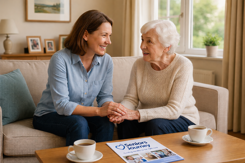 Senior woman holding her daughter's hands talking about Seniors Journey and Retirement Residences options