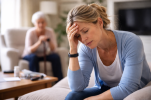Exhausted caregiver taking a break. Senior mother sitting in the background