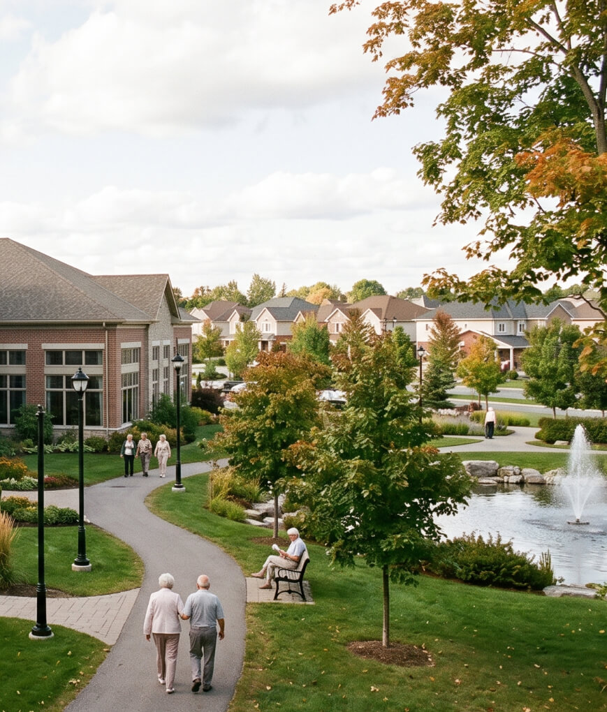 Seniors walking through the landscaped grounds of a retirement home in Stittsville, Ontario.
